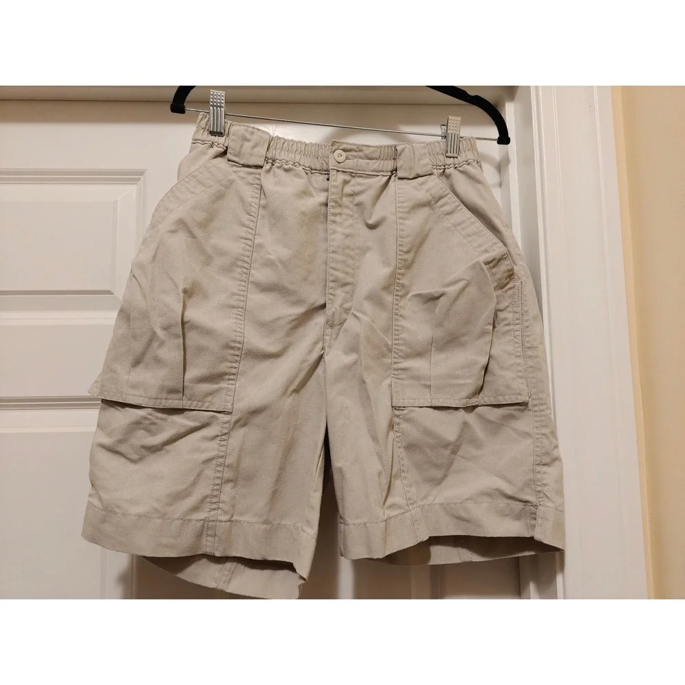 Vintage Bugle Boy Mens Khaki Cargo Shorts Elastic Waist Tan Size 32 W-28 Utility